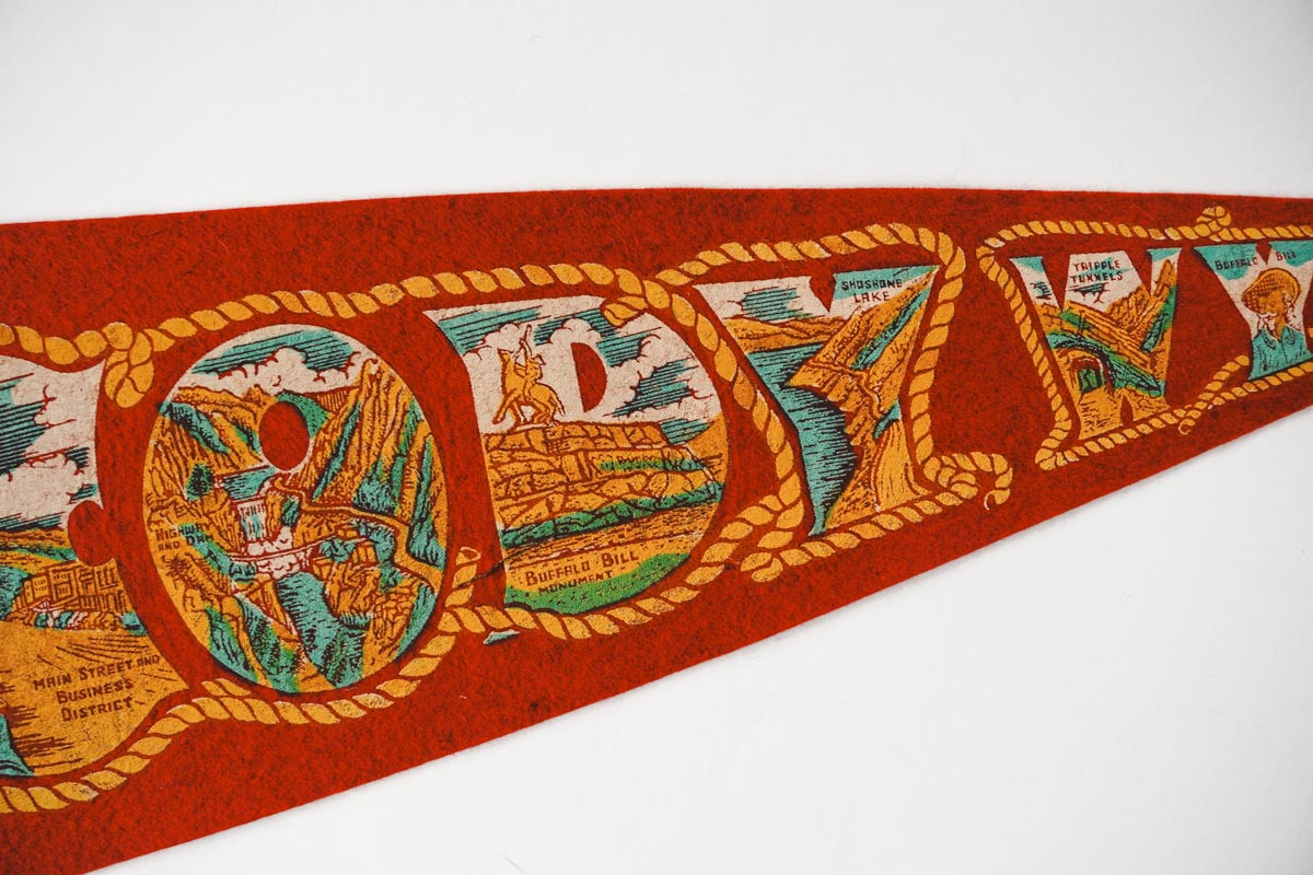 Vintage 50s Cody, Wyoming Red Graphics Souvenir Felt Pennant 25in