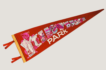 Red felt pennant flag with Yellowstone Park with bear and landscape graphics