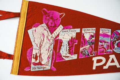 Vtg 50s Yellowstone Ntnl Park Red Felt Pennant Bear with Landmark Graphics 27in