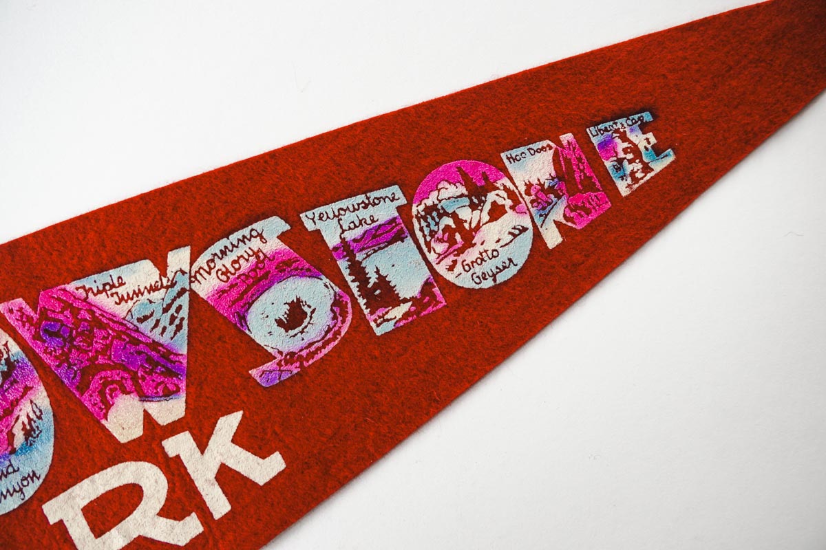 Vtg 50s Yellowstone Ntnl Park Red Felt Pennant Bear with Landmark Graphics 27in