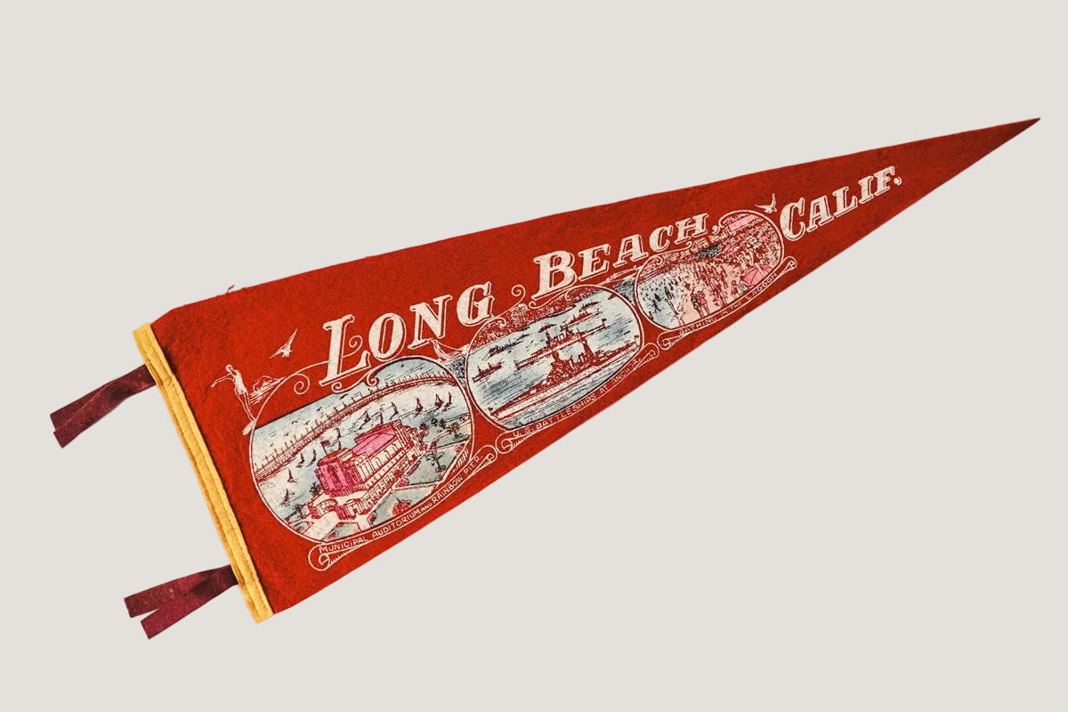 Red and gold vintage-style pennant with 'Long Beach, Calif.' text on a white background