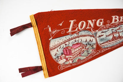 Vintage 50s Long Beach California Red Landmark Souvenir Felt Pennant 25in