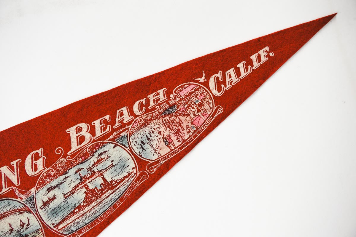 Vintage 50s Long Beach California Red Landmark Souvenir Felt Pennant 25in