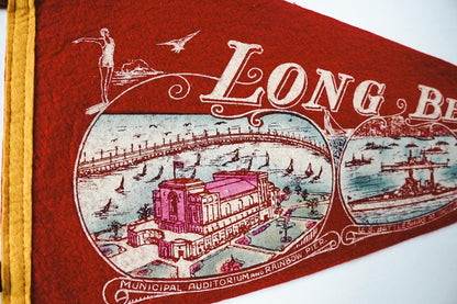 Vintage 50s Long Beach California Red Landmark Souvenir Felt Pennant 25in