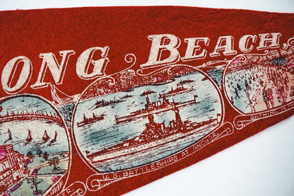 Vintage 50s Long Beach California Red Landmark Souvenir Felt Pennant 25in