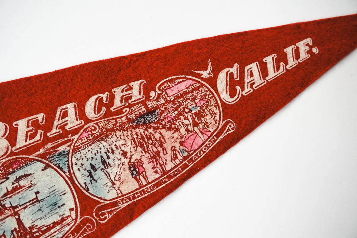Vintage 50s Long Beach California Red Landmark Souvenir Felt Pennant 25in