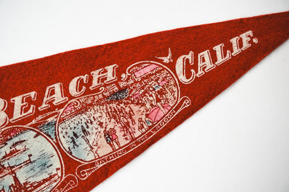 Vintage 50s Long Beach California Red Landmark Souvenir Felt Pennant 25in