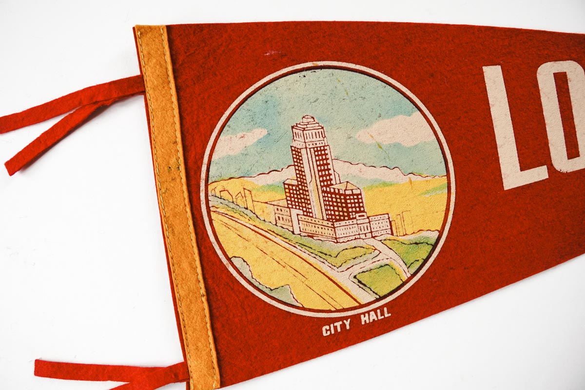 Vintage 50s Los Angeles, California City Hall Red Souvenir Felt Pennant 27in