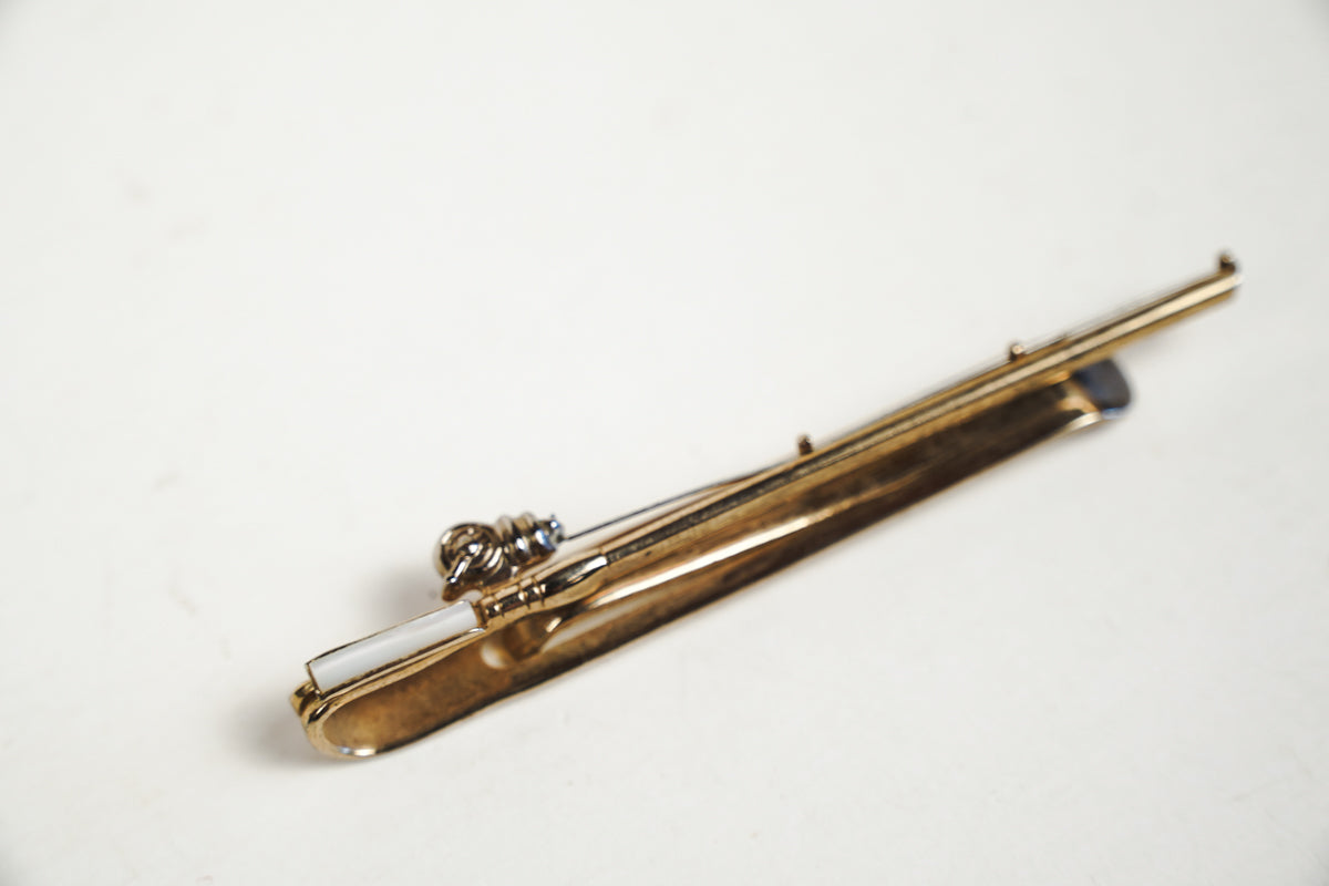 Swank Fishing Pole Tie Bar Clip Gold Tone Metal Mother of Pearl Inlay