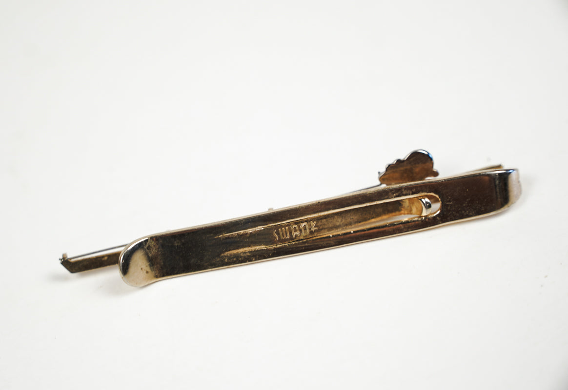Swank Fishing Pole Tie Bar Clip Gold Tone Metal Mother of Pearl Inlay