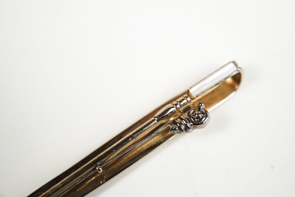 Swank Fishing Pole Tie Bar Clip Gold Tone Metal Mother of Pearl Inlay
