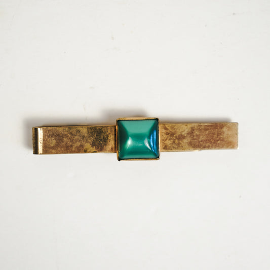Gold Tone Brass Pioneer Tie Bar Clip With Square Green Stone Art Deco