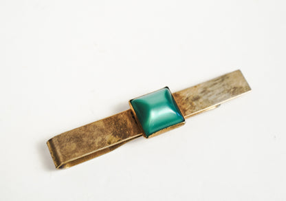 Gold Tone Brass Pioneer Tie Bar Clip With Square Green Stone Art Deco