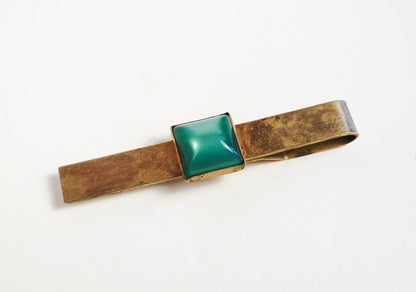 Gold Tone Brass Pioneer Tie Bar Clip With Square Green Stone Art Deco