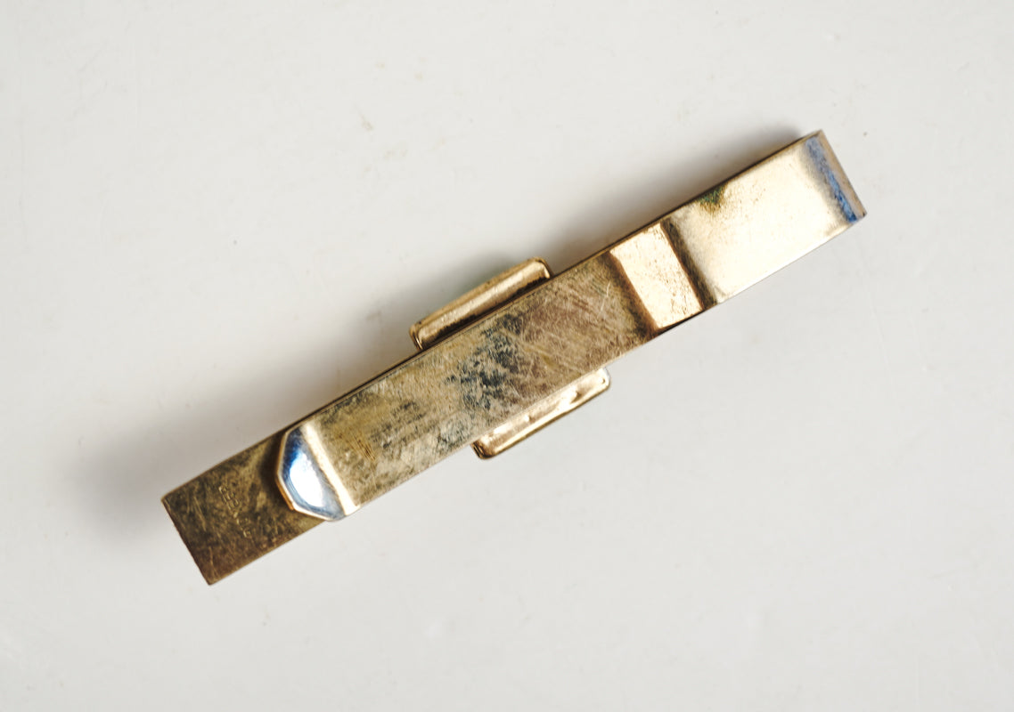 Gold Tone Brass Pioneer Tie Bar Clip With Square Green Stone Art Deco
