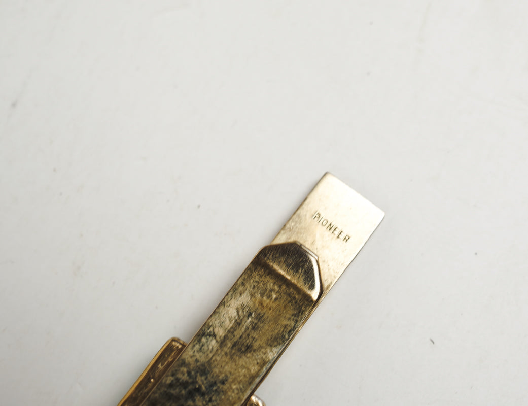 Gold Tone Brass Pioneer Tie Bar Clip With Square Green Stone Art Deco