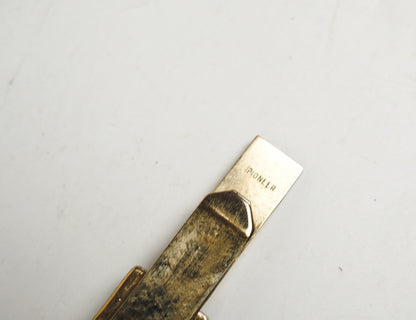 Gold Tone Brass Pioneer Tie Bar Clip With Square Green Stone Art Deco