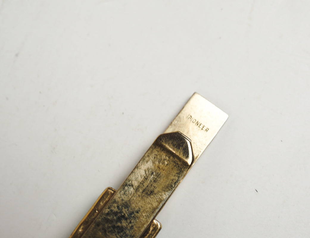 Gold Tone Brass Pioneer Tie Bar Clip With Square Green Stone Art Deco