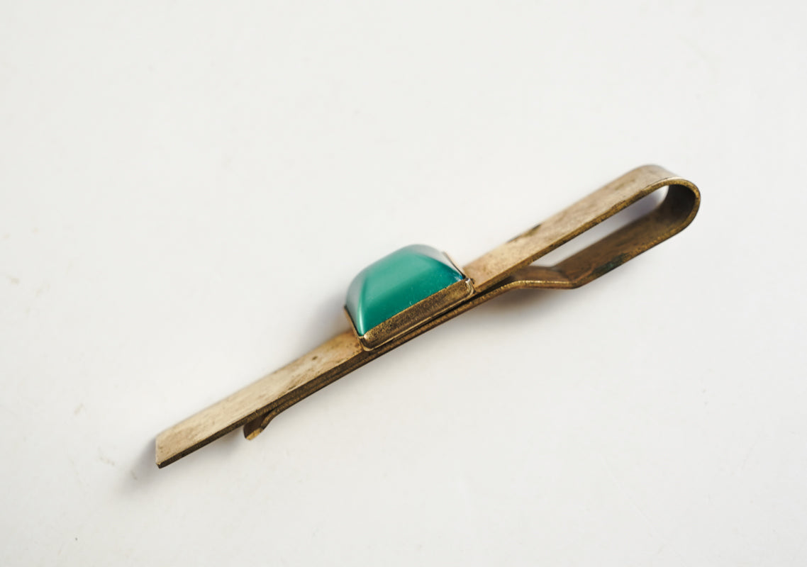 Gold Tone Brass Pioneer Tie Bar Clip With Square Green Stone Art Deco