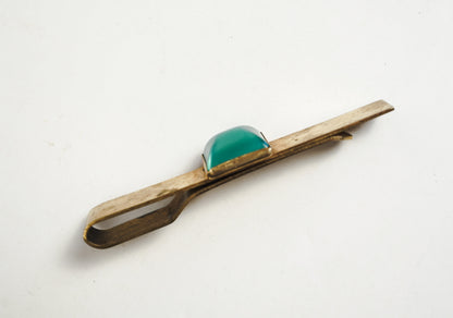 Gold Tone Brass Pioneer Tie Bar Clip With Square Green Stone Art Deco