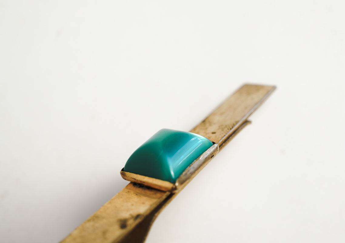 Gold Tone Brass Pioneer Tie Bar Clip With Square Green Stone Art Deco