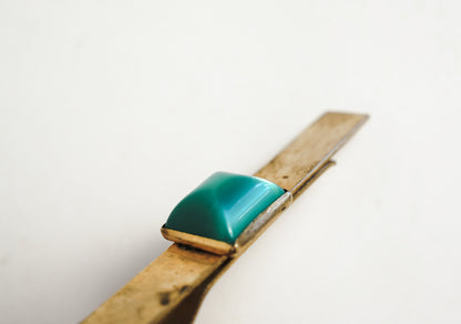 Gold Tone Brass Pioneer Tie Bar Clip With Square Green Stone Art Deco