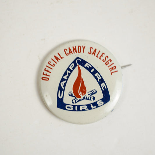 Vintage White Official Candy Salesgirl Camp Fire Girls Scouts Button Pin