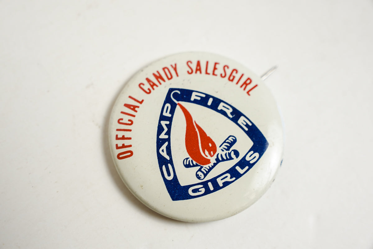 Vintage White Official Candy Salesgirl Camp Fire Girls Scouts Button Pin