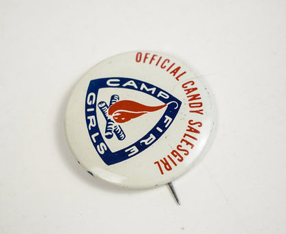 Vintage White Official Candy Salesgirl Camp Fire Girls Scouts Button Pin