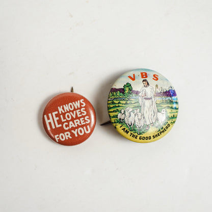 1960s VBS Vacation Bible School Litho Button Pin Set of 2 Different Pins