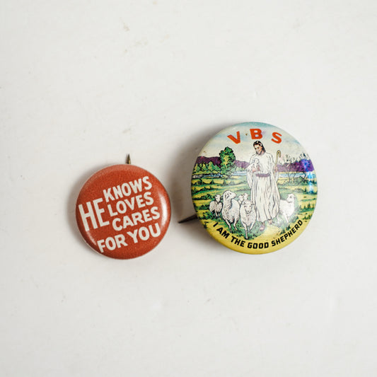 1960s VBS Vacation Bible School Litho Button Pin Set of 2 Different Pins