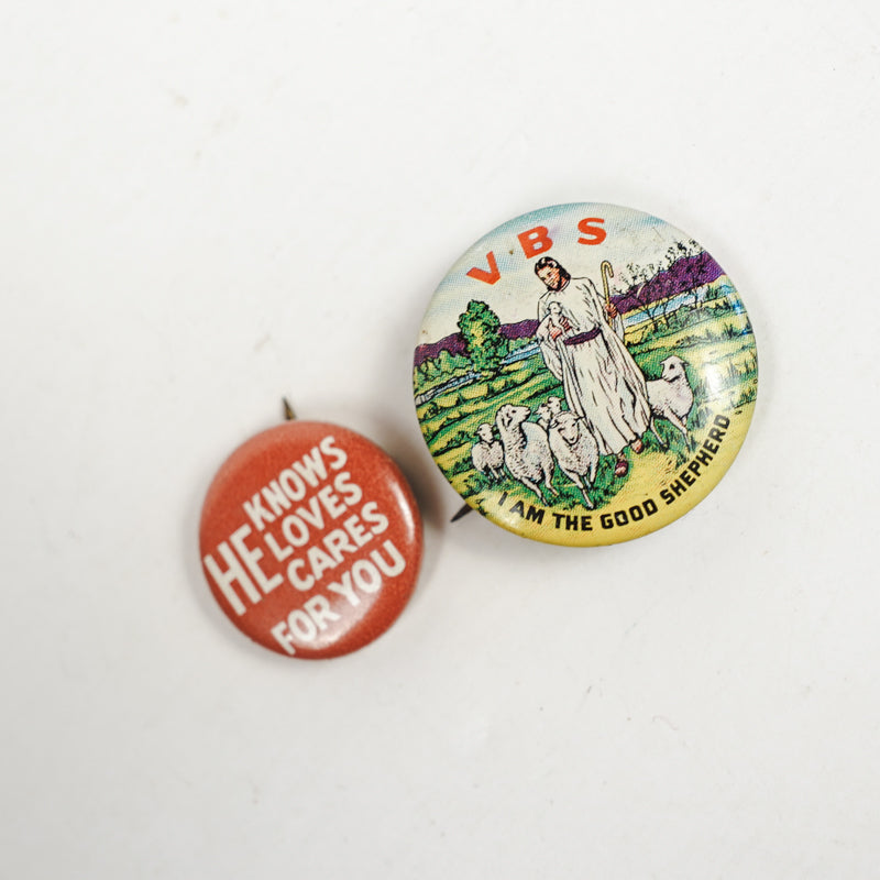 1960s VBS Vacation Bible School Litho Button Pin Set of 2 Different Pins