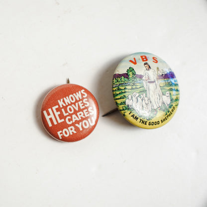 1960s VBS Vacation Bible School Litho Button Pin Set of 2 Different Pins