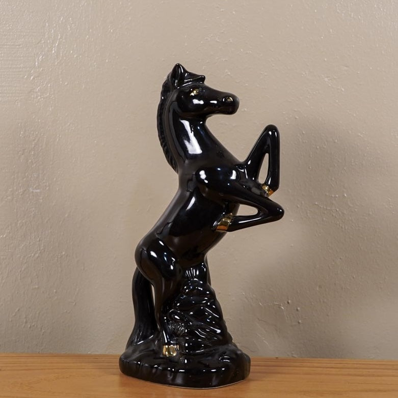 Ceramic Black Stallion Horse MCM Statue Gold Accent Made in Brazil