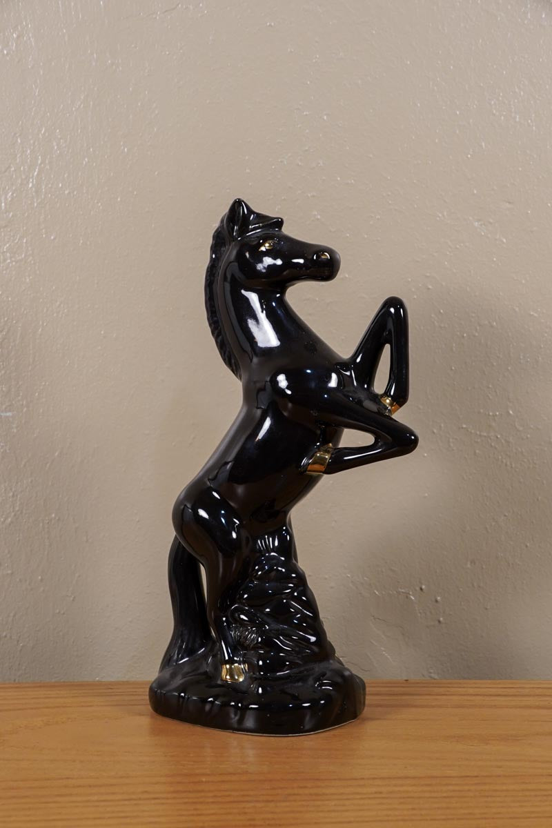 Ceramic Black Stallion Horse MCM Statue Gold Accent Made in Brazil