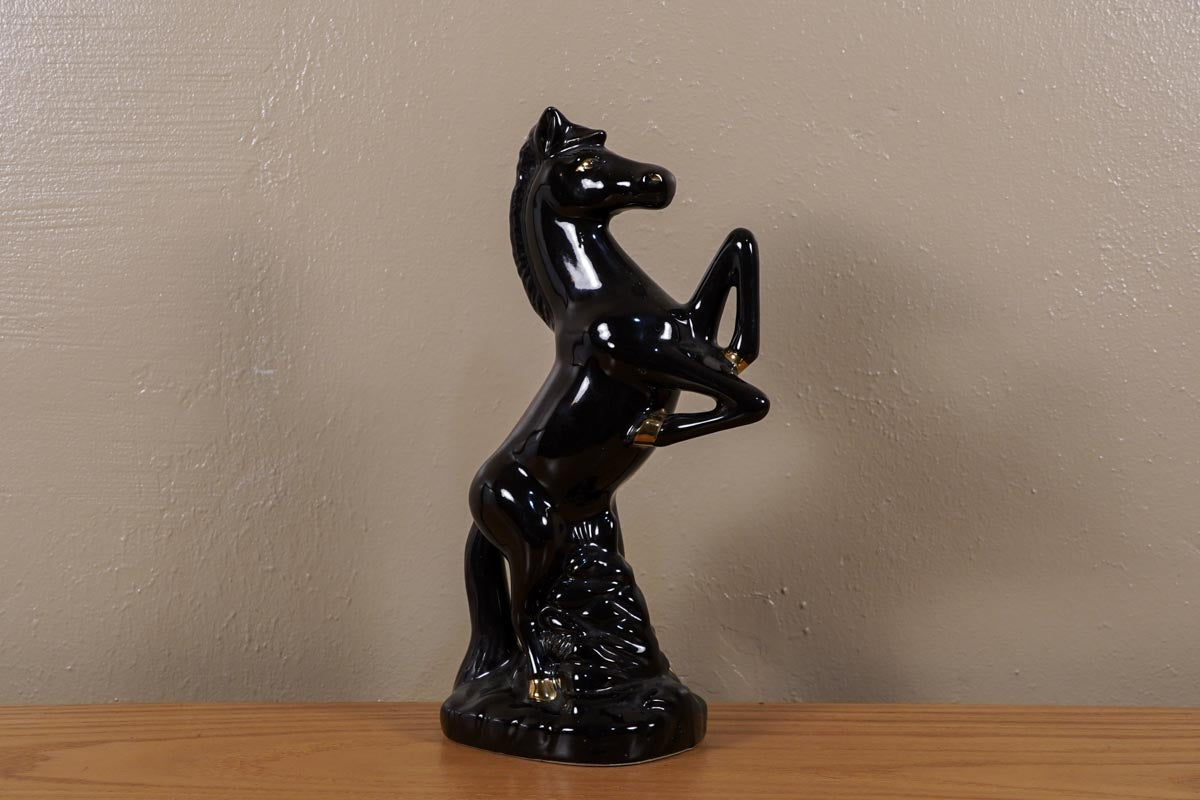 Ceramic Black Stallion Horse MCM Statue Gold Accent Made in Brazil