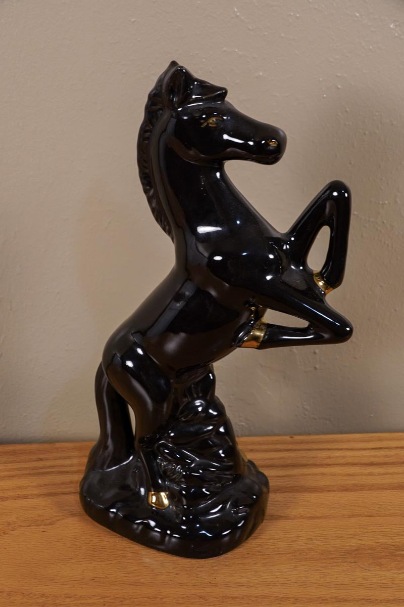 Ceramic Black Stallion Horse MCM Statue Gold Accent Made in Brazil