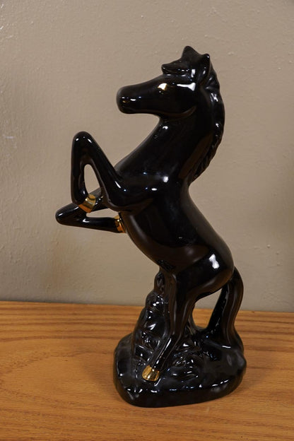 Ceramic Black Stallion Horse MCM Statue Gold Accent Made in Brazil
