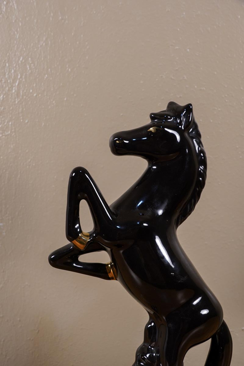 Ceramic Black Stallion Horse MCM Statue Gold Accent Made in Brazil