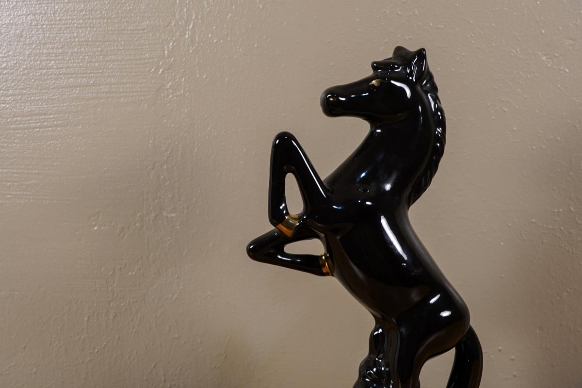 Ceramic Black Stallion Horse MCM Statue Gold Accent Made in Brazil