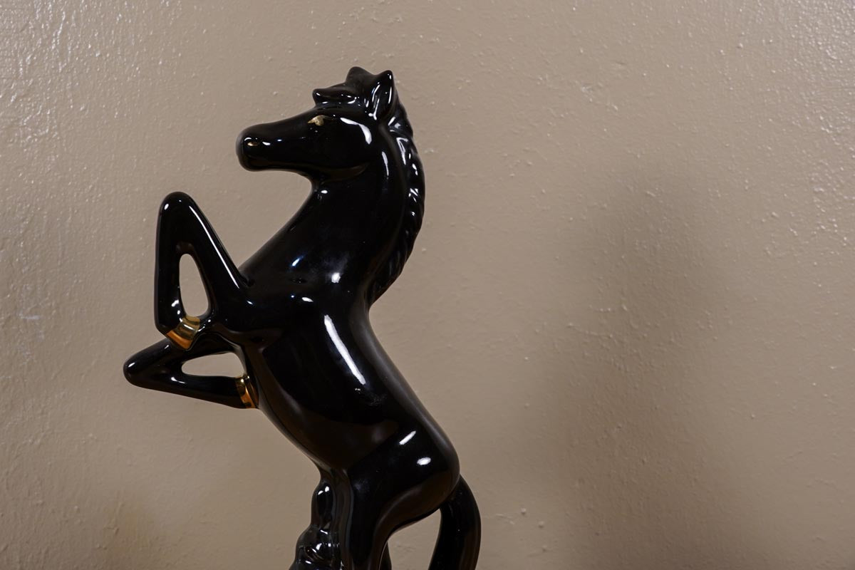 Ceramic Black Stallion Horse MCM Statue Gold Accent Made in Brazil