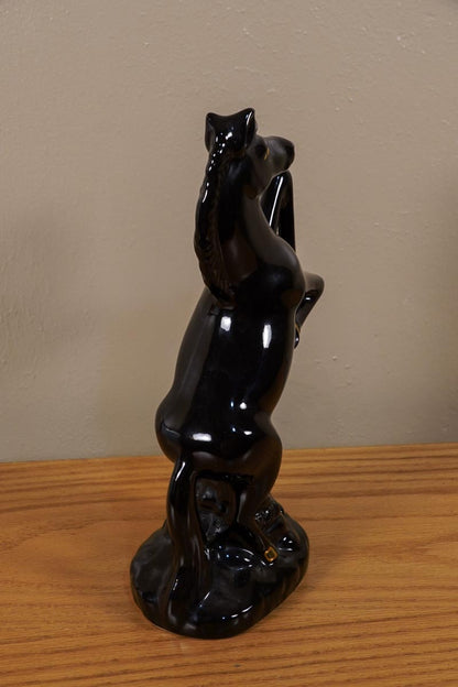 Ceramic Black Stallion Horse MCM Statue Gold Accent Made in Brazil