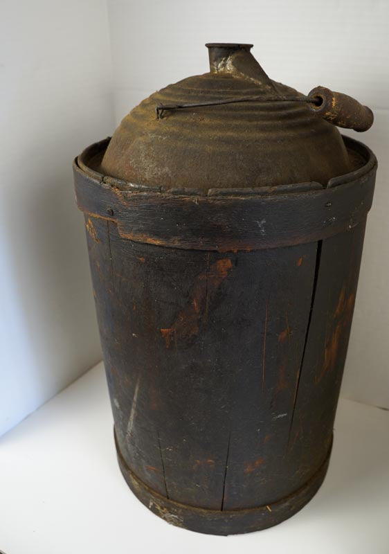 Antique Brown Wood Wrapped Metal Kerosene Gas Fuel Can with Wood Handle