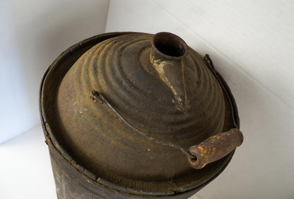 Antique Brown Wood Wrapped Metal Kerosene Gas Fuel Can with Wood Handle