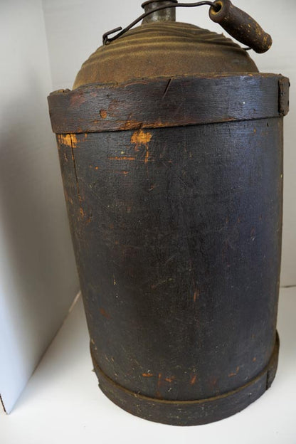 Antique Brown Wood Wrapped Metal Kerosene Gas Fuel Can with Wood Handle