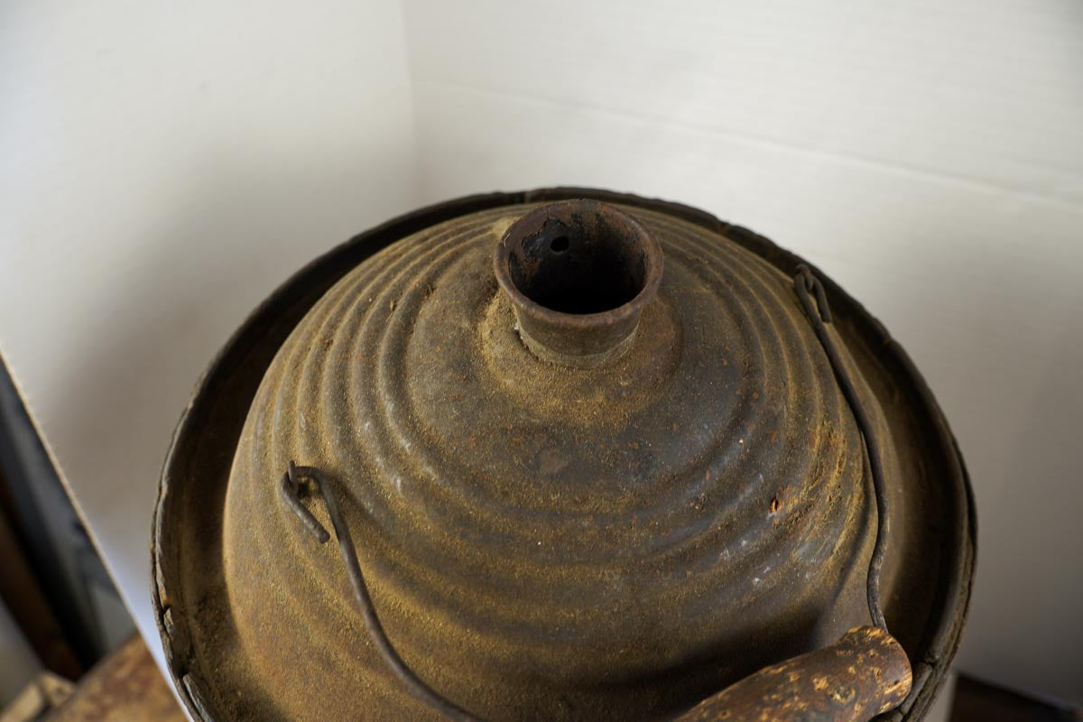 Antique Brown Wood Wrapped Metal Kerosene Gas Fuel Can with Wood Handle