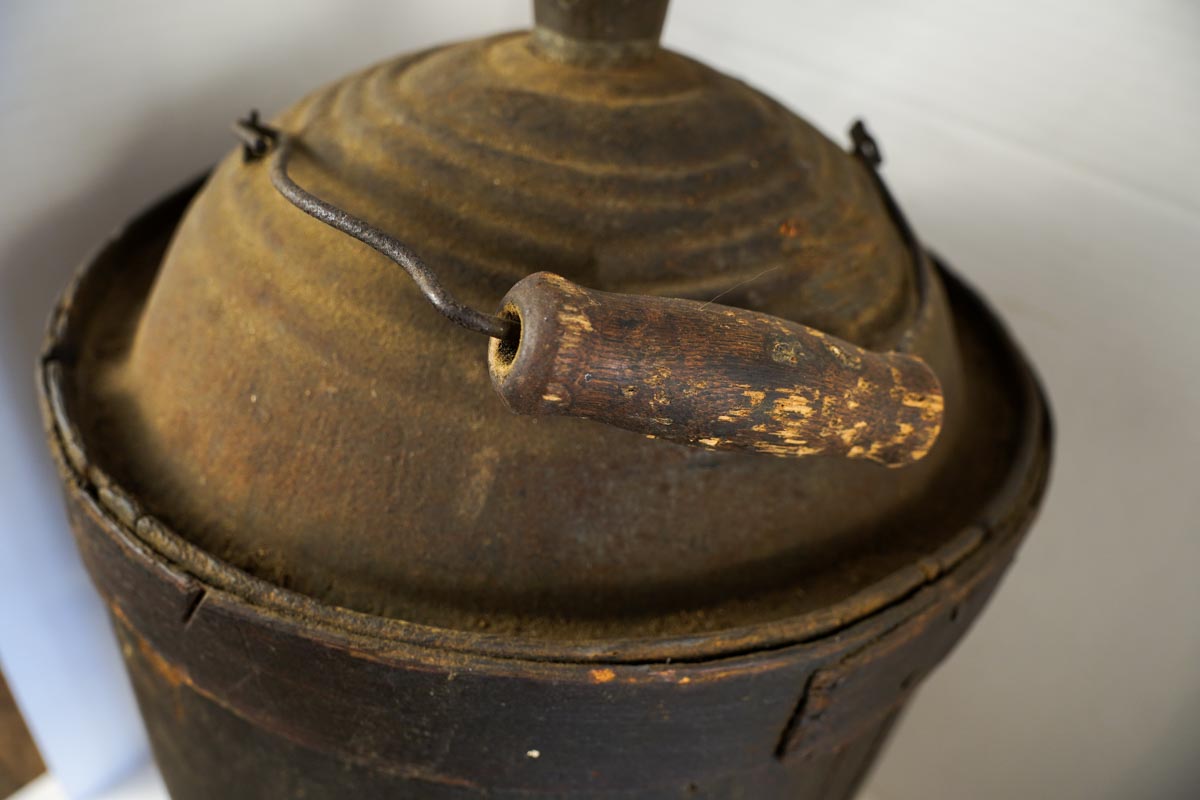 Antique Brown Wood Wrapped Metal Kerosene Gas Fuel Can with Wood Handle