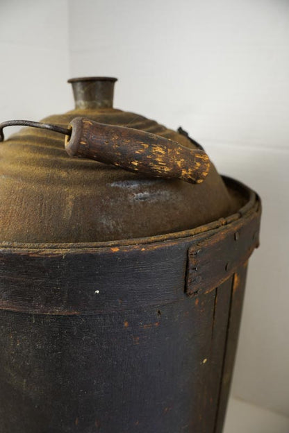 Antique Brown Wood Wrapped Metal Kerosene Gas Fuel Can with Wood Handle