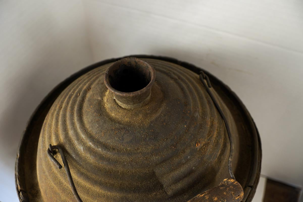 Antique Brown Wood Wrapped Metal Kerosene Gas Fuel Can with Wood Handle
