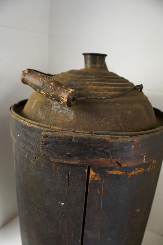 Antique Brown Wood Wrapped Metal Kerosene Gas Fuel Can with Wood Handle